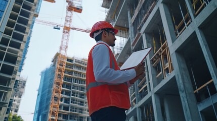 Poster - Tablet man and portrait of civil engineer in city for building renovation repairs or maintenance Planning reading and male construction worker with digital technology for industry proj : Generative AI