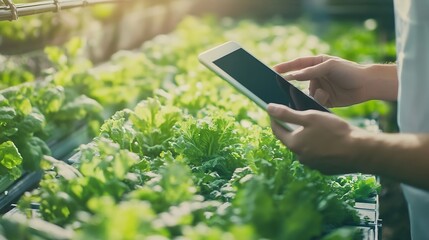 Poster - Smart Automation AI farming argriculture conceptMan hands holding tablet on blurred organic hydroponic vegetable garden as background : Generative AI