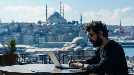 Aufkleber - Man laptop and digital nomad for agency on internet for travel adventure or location in Istanbul Male person employee and tech for home online and application as freelance writer for p : Generative AI