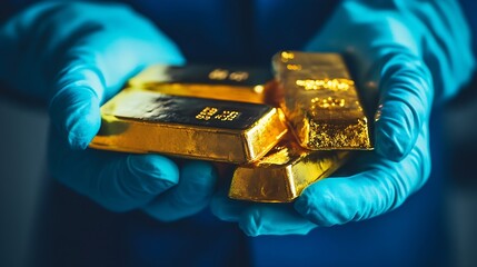 Poster - Gold bars in gloved hands close up Gold price investment and saving money concept : Generative AI
