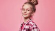 © The Little Hut - looking cool latest trend autumn fashion happy teen girl in pink checkered shirt smiling hipster kid casual style tween child wear plaid shirt chequered flannel jacket beauty and fashi : Generative AI