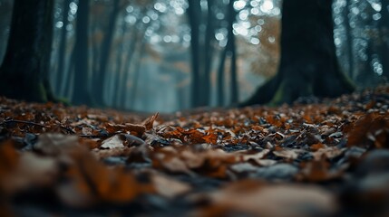 Poster - Moody autumn view in the forest Fall season background photo Brown fallen leaves on the ground : Generative AI