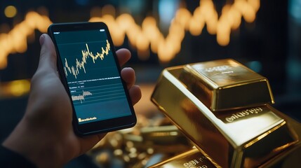 Poster - Hand holding  gold bar and phone that opens the candlestick chart and dollar Fluctuations in gold prices concept : Generative AI