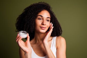 Poster - No filter photo of lovely woman wear white lingerie apply facial product morning routine isolated on khaki color background