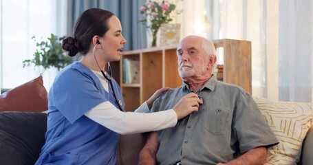 Sticker - Nursing home, stethoscope and doctor with senior man on sofa with heart, chest and lungs exam. Health, retirement and girl homecare worker with old person in living room for breathing assessment