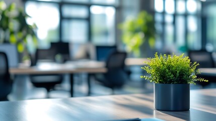 Aufkleber - Modern open space business office interior without people with blurred bokeh background tables chairs computers  copy space green office concept : Generative AI