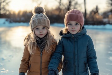 Wall Mural - sisters holding hands ice skating in winter, having fun on winter holidays, doing winter sports