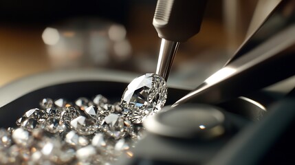 Poster - Closeup of diamonds at workplace of diamond dealer assessing quality and color of polished diamonds using various tools : Generative AI