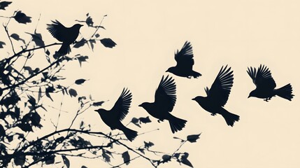 Wall Mural - A flock of sparrows takes off, the silhouettes.
