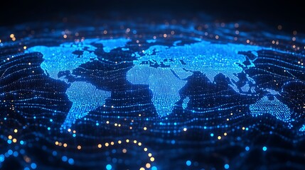 Blue abstract digital map of world map with lines and dots connected. Suitable for travel, navigation, cartography, geography, cyber technology concepts, data transfer and business information network