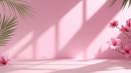 Poster - Abstract pink color gradient studio background for product presentation Empty room with shadows of window and flowers and palm leaves  3d room with copy space Summer concert Blurred ba : Generative AI