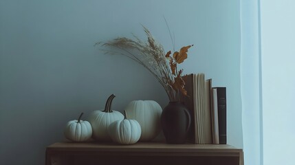 Poster - Elegant moody Scandinavian interior Vase with dry grass bouquet old books and little white pumpkins Empty wall background Modern living room home office Minimal autumn decor in cozy ap : Generative AI