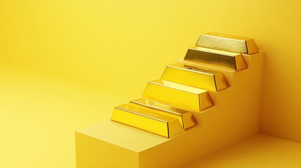 Poster - Stack gold bars as rise up stairs on yellow background Gold price increase investment in commodity market trading etf risk mnagement concept Gold is safe haven in economy crisis war : Generative AI