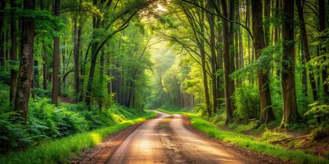 Wall Mural - A serene dirt road winding through a lush forest, nature, outdoor, pathway, trees, peaceful, serene, tranquil, wilderness