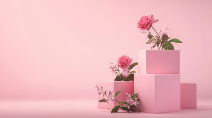 Aufkleber - Pink background for product presentation with square podiums of geometric shapes and blooming rose Empty podiums Mockup : Generative AI