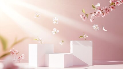 Poster - Bright spring mock up for cosmetic and product display with three white square podiums stream of tender flowers flying in sun beam on pastel pink background : Generative AI