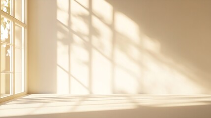 Poster - Beige studio background for product presentation Shadow of Window and Sunlight on Empty Room White Wall and Floor Summer concert Blurred backdrop : Generative AI