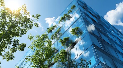 Poster - Sustainable glass office building with trees for reducing carbon dioxide Ecofriendly building in modern city Office with green environment Corporate building reduce CO2 : Generative AI