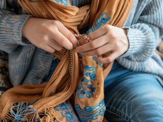 Wall Mural - Close-up of hands adjusting a patterned scarf.