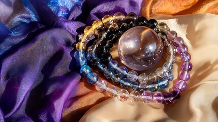 Aufkleber - Crystal gemstones collection  Flat lay top view photo  Gemstone bracelets bead strands crystal ball on fabric : Generative AI