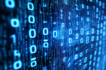 Blue digital code background with glowing numbers.