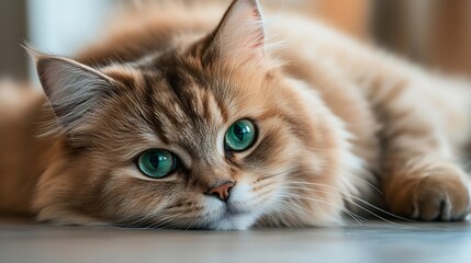 Poster - Portrait of a siberian cat with green eyes lying on the floor at home Fluffy purebred straighteared long hair kitty Copy space close up background Adorable domestic pet concept : Generative AI