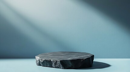 Poster - Minimal style Luxury mockup for product presentation black stone podium on blue background with natural sunlight shadow banner front view stand stage for natural skin care and cosmetic : Generative AI