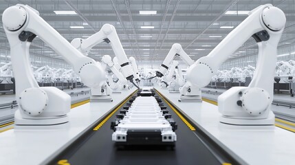 Poster - Row of White Robotic Arms at Automated Production Line at Bright Modern Factory Industrial Robot Arms Assemble LithiumIon EV Battery Pack  Electric Car Manufacturing Inside Automotive  : Generative AI
