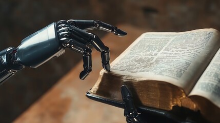 Aufkleber - Real robots hand with ancient Bible book Concepts of artificial intelligence development and machine learning : Generative AI