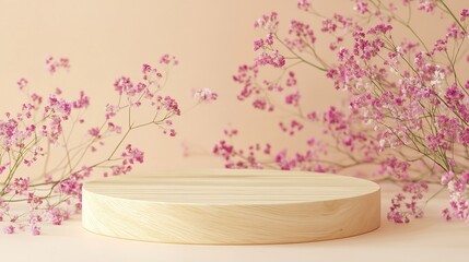 Poster - Empty round wooden podium for product presentation pink gypsophila flowers on beige background Natural materials background for cosmetic advertising with cylinder shape showcase Mockup : Generative AI
