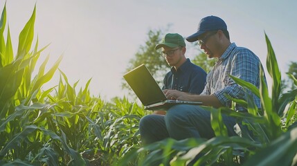 Fototapete - Two smart farmers using laptop to examining quantity and quality crop of corn vegetables while working and planning system control with technology at agricultural field : Generative AI