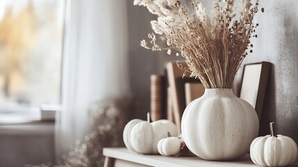 Poster - Elegant moody Scandinavian interior Vase with dry grass bouquet old books and little white pumpkins Empty wall background Modern living room home office Minimal autumn decor in cozy ap : Generative AI