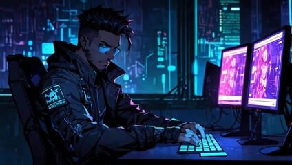 A cyberpunk hacker types on a keyboard, focused on dual screens displaying digital avatars, surrounded by neon-lit cityscape