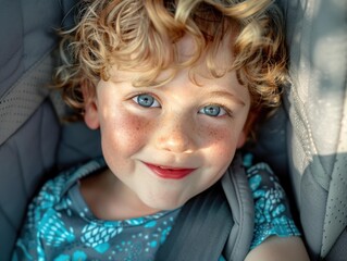 Poster - A young boy smiles brightly. AI.