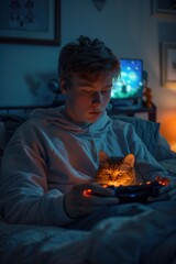 Wall Mural - A young person plays video games while a cat sits in their lap. AI.