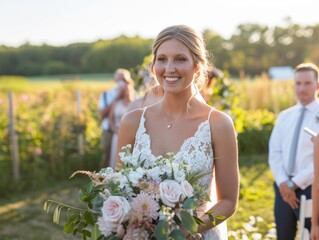 Wall Mural - A bride smiles as she walks down the aisle, holding a bouquet of flowers. AI.