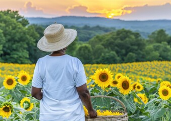 Sticker - A person in a straw hat stands in a field of sunflowers at sunset. AI.