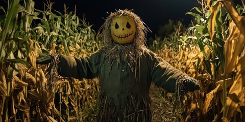 A scary scarecrow with a pumpkin head stands in a cornfield at night.