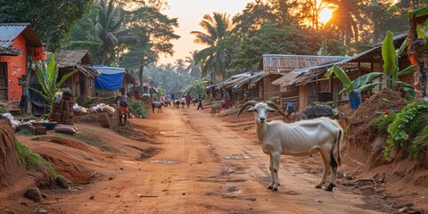 Wall Mural - A white goat stands in the middle of a dirt road in a rural village. AI.