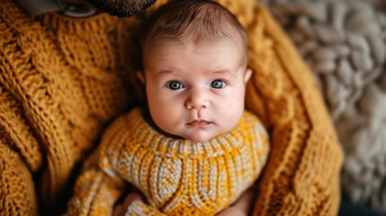 Sticker - A baby in a yellow sweater looks up at the camera. AI.