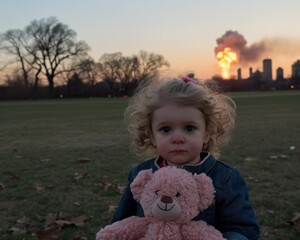 Sticker - A young girl holds a toy bear while looking at the camera. AI.