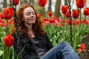 Canvas Print - Woman sitting in a field of flowers, eyes closed, smiling. AI.