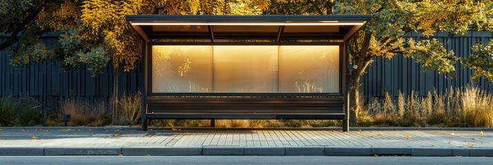 Poster - Empty bus stop with mockup space on sidewalk of suburban area