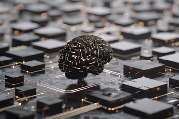 Wall Mural - Abstract digital representation of a black brain on a grid like background showcasing the intersection of technology neuroscience and artificial intelligence