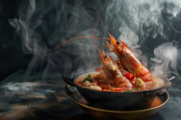 Steaming Seafood Dish With Prawns in Rustic Bowl