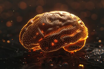 Sticker - Detailed digital art of a golden brain composed of interconnected nodes symbolizing neural networks artificial intelligence and advanced cognitive processes