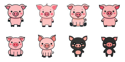 Wall Mural - Multiple illustrations of cute pigs, black outline lines