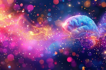 Wall Mural - Abstract digital illustration of a glowing brain in a colorful cosmic setting symbolizing creativity intelligence and the vast potential of the human mind