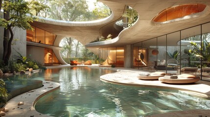 white futuristic architectures, modern and different designs, interior and exterior architecture, summer concept, pools