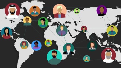 Wall Mural - Illustration, global networking and diversity for connection with modern tech, communication and information. Economy, worldwide map and animation, population and location domain of satellite